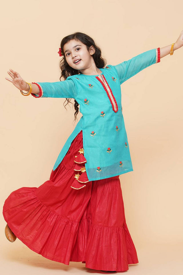 Girl's Blue Embroidered Cotton Kurta Set