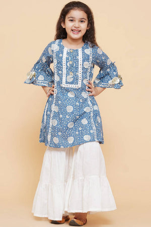 Girl's Blue Foil Printed Cotton Kurta Set