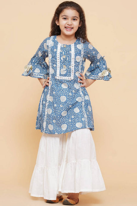 Girl's Blue Foil Printed Cotton Kurta Set