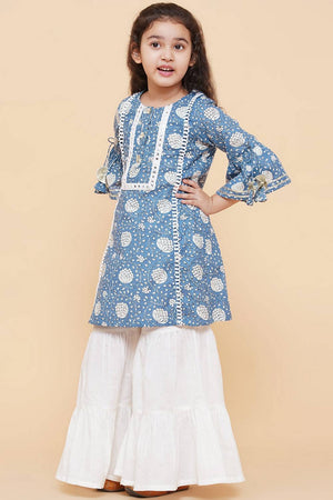 Girl's Blue Foil Printed Cotton Kurta Set