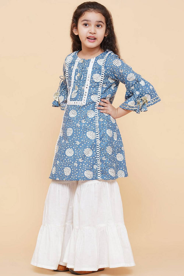 Girl's Blue Foil Printed Cotton Kurta Set