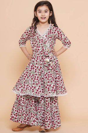 Girl's White Floral Printed Cotton Kurta Set