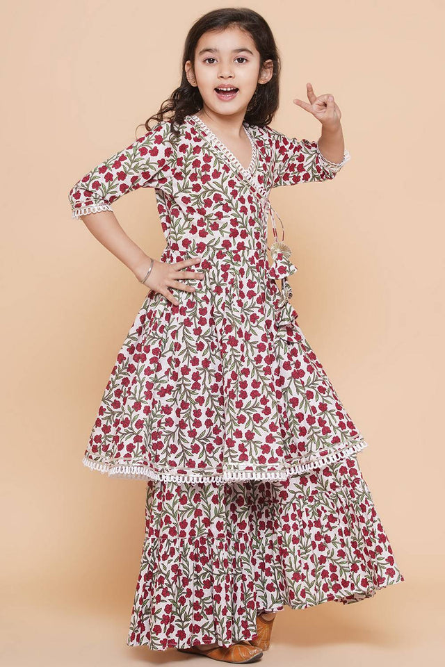Girl's White Floral Printed Cotton Kurta Set