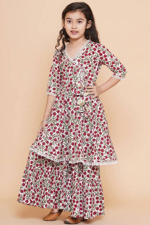 Girl's White Floral Printed Cotton Kurta Set