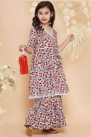 Girl's White Floral Printed Cotton Kurta Set