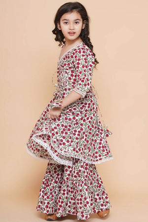 Girl's White Floral Printed Cotton Kurta Set