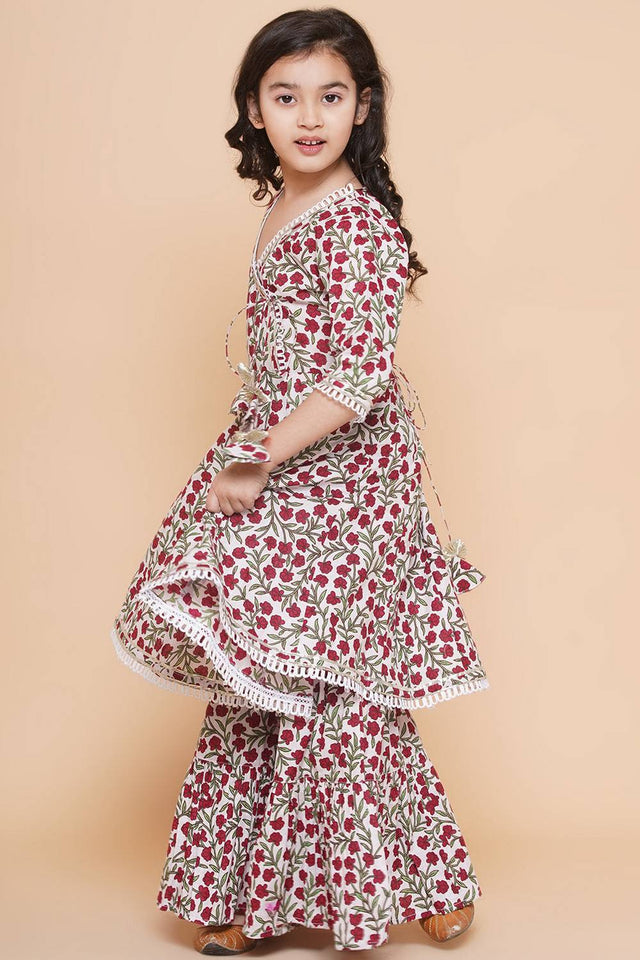 Girl's White Floral Printed Cotton Kurta Set