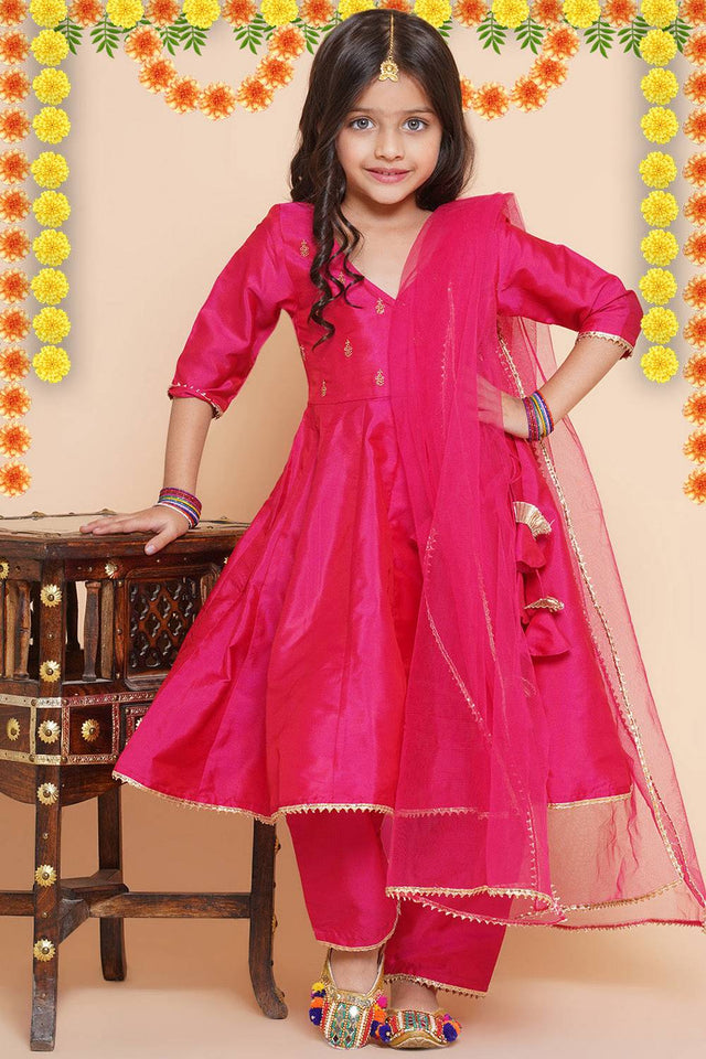 Girl's Pink Embroidered Silk Kurta Set