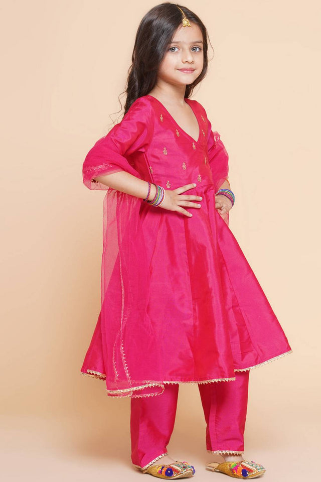 Girl's Pink Embroidered Silk Kurta Set