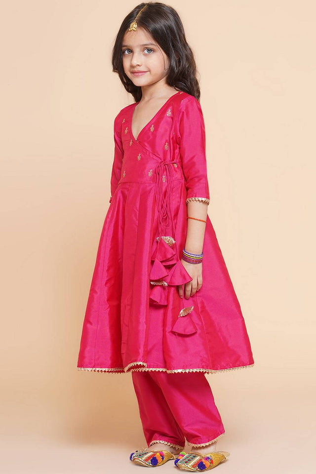 Girl's Pink Embroidered Silk Kurta Set