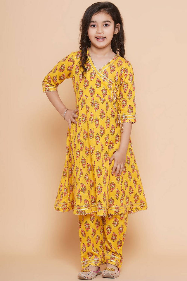 Girl's Yellow Floral Printed Cotton Kurta Set
