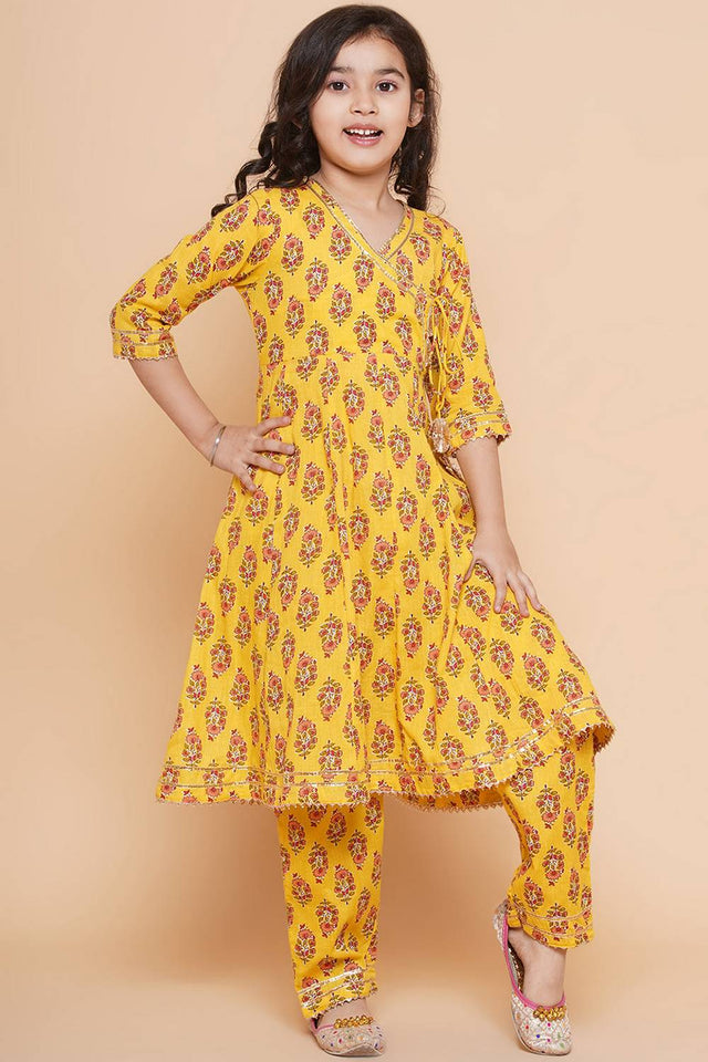 Girl's Yellow Floral Printed Cotton Kurta Set