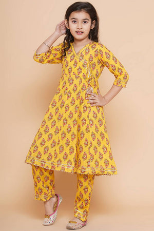 Girl's Yellow Floral Printed Cotton Kurta Set
