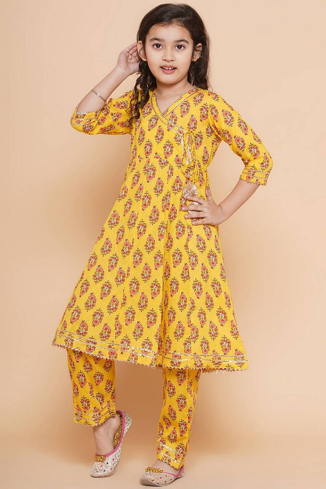 Girl's Yellow Floral Printed Cotton Kurta Set