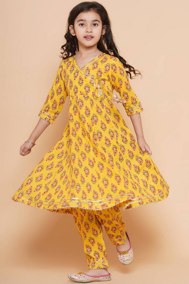 Girl's Yellow Floral Printed Cotton Kurta Set