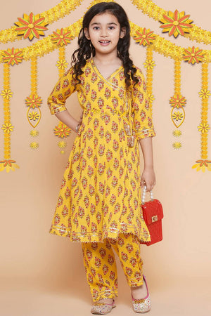 Girl's Yellow Floral Printed Cotton Kurta Set