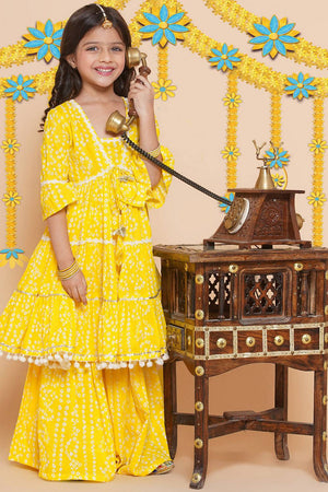 Girl's Yellow Bandhani Printed Cotton Kurta Set