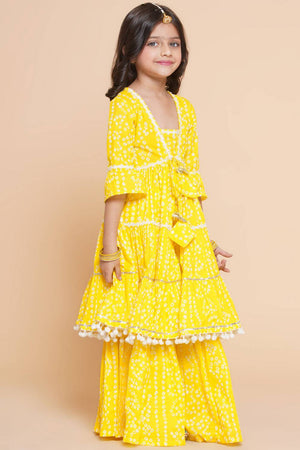 Girl's Yellow Bandhani Printed Cotton Kurta Set