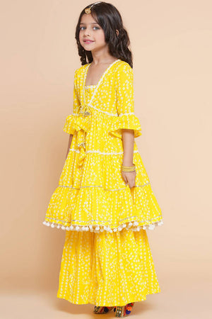 Girl's Yellow Bandhani Printed Cotton Kurta Set