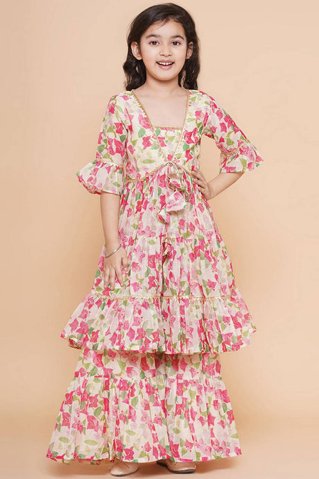 Girl's Multi-Color Floral Printed Silk Kurta Set