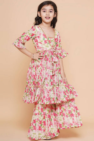 Girl's Multi-Color Floral Printed Silk Kurta Set