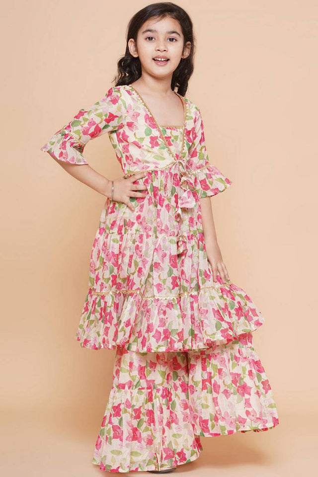 Girl's Multi-Color Floral Printed Silk Kurta Set