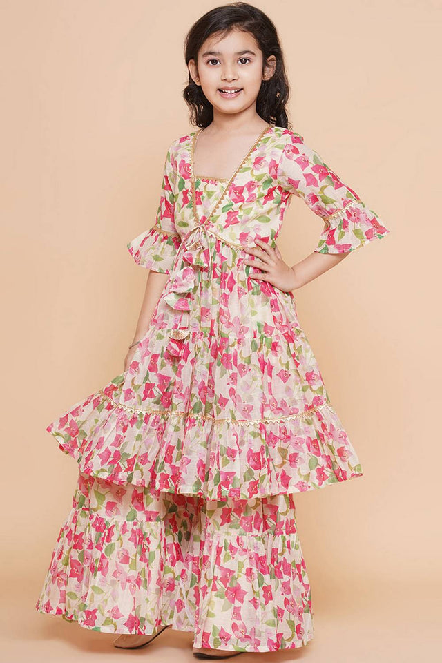 Girl's Multi-Color Floral Printed Silk Kurta Set