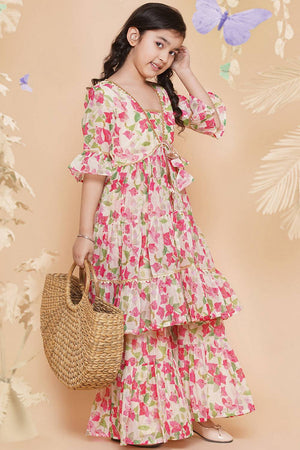 Girl's Multi-Color Floral Printed Silk Kurta Set