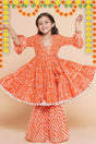 Girl's Orange Bandhani Printed Cotton Kurta Set