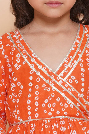 Girl's Orange Bandhani Printed Cotton Kurta Set