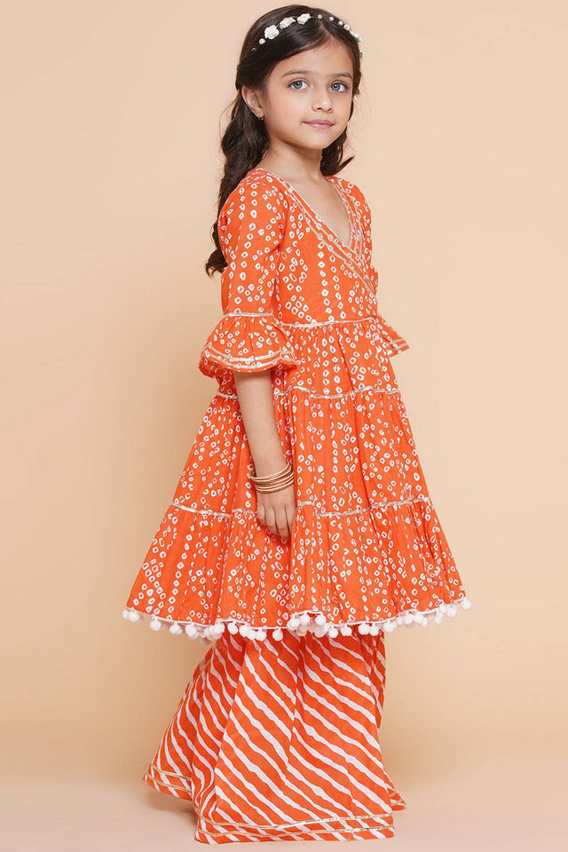 Girl's Orange Bandhani Printed Cotton Kurta Set