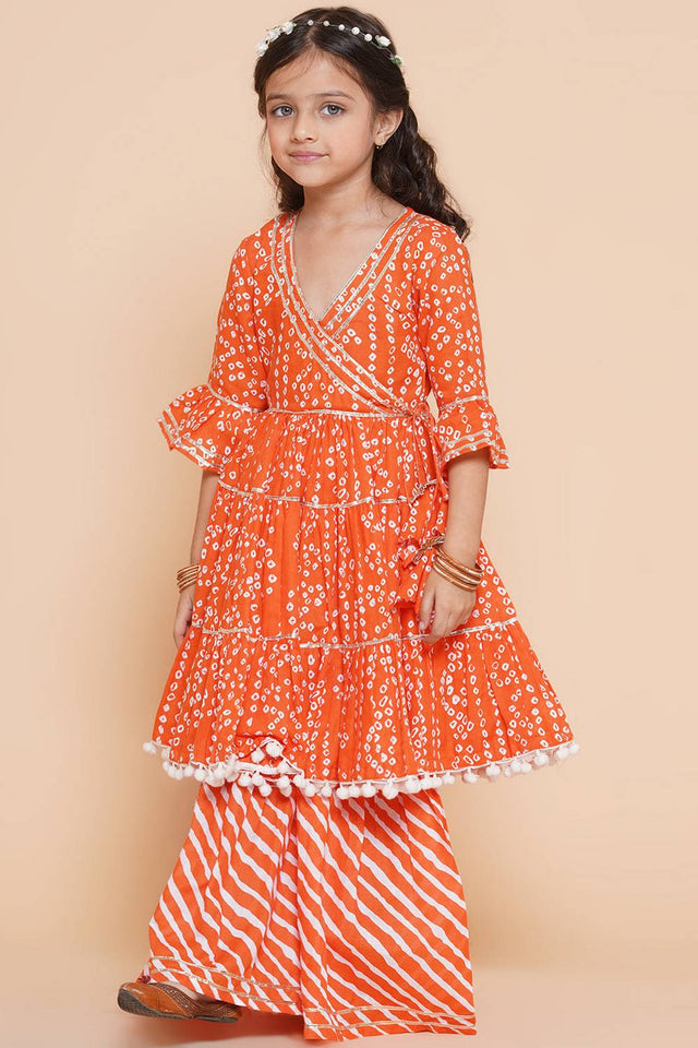 Girl's Orange Bandhani Printed Cotton Kurta Set