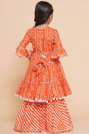 Girl's Orange Bandhani Printed Cotton Kurta Set