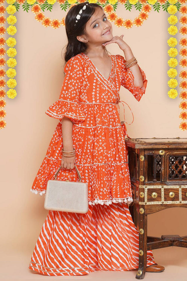 Girl's Orange Bandhani Printed Cotton Kurta Set