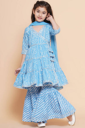 Girl's Blue Bandhani Printed Cotton Kurta Set