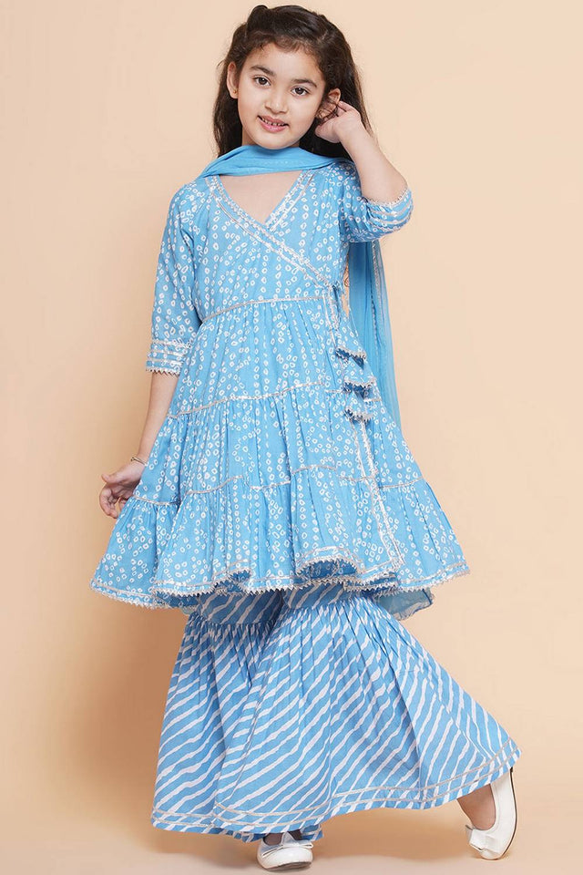 Girl's Blue Bandhani Printed Cotton Kurta Set