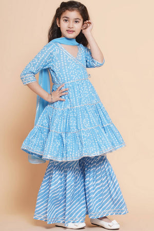 Girl's Blue Bandhani Printed Cotton Kurta Set