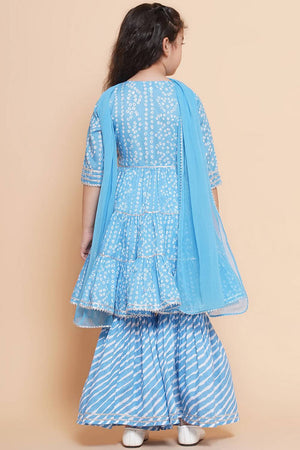 Girl's Blue Bandhani Printed Cotton Kurta Set