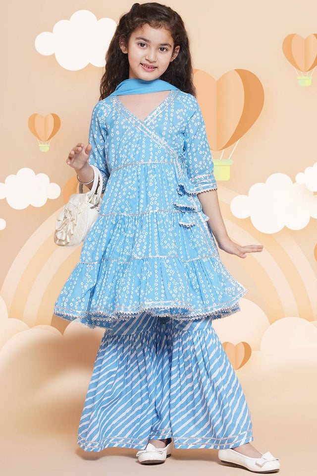 Girl's Blue Bandhani Printed Cotton Kurta Set