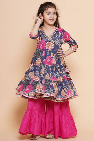Girl's Blue Floral Printed Cotton Kurta Set