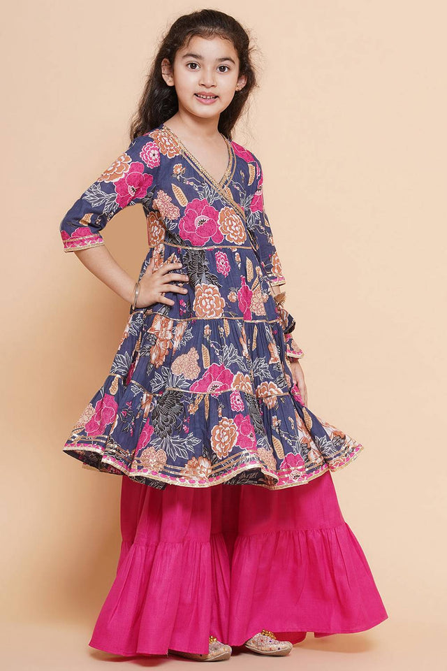 Girl's Blue Floral Printed Cotton Kurta Set