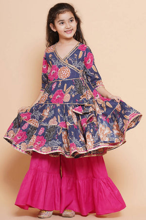 Girl's Blue Floral Printed Cotton Kurta Set