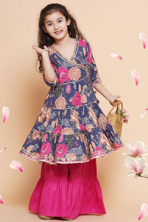 Girl's Blue Floral Printed Cotton Kurta Set