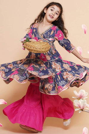 Girl's Blue Floral Printed Cotton Kurta Set