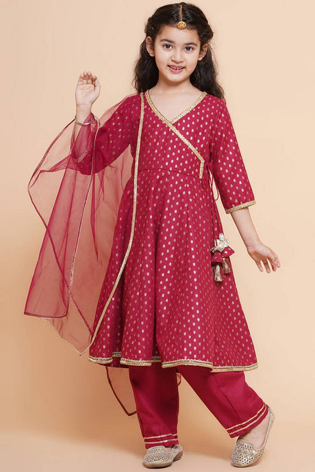 Girl's Maroon Printed Cotton Kurta Set