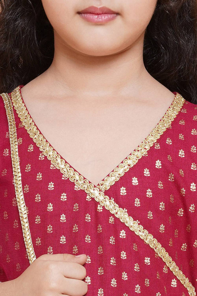 Girl's Maroon Printed Cotton Kurta Set