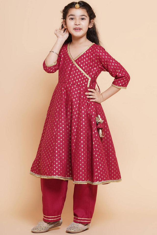 Girl's Maroon Printed Cotton Kurta Set
