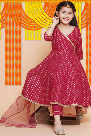 Girl's Maroon Printed Cotton Kurta Set