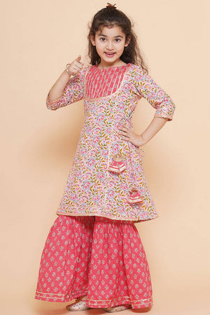 Girl's Pink Floral Printed Cotton Kurta Set