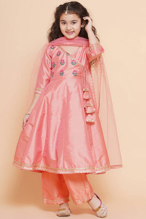 Girl's Peach Embroidered Silk Kurta Set